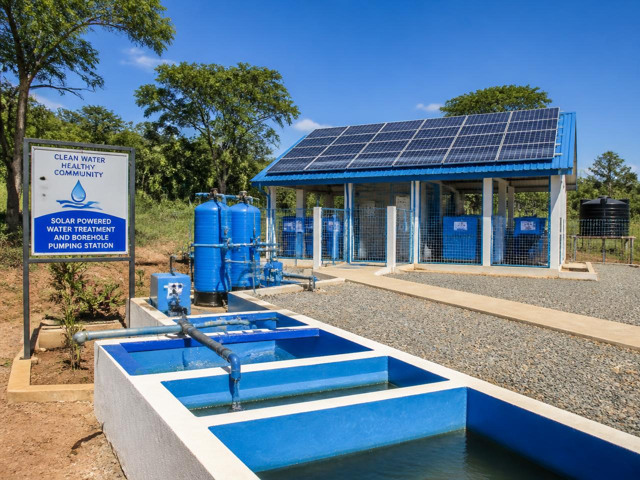 Solar panels powering a borehole pumping and water treatment station